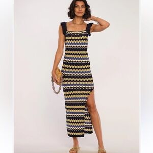 Heartloom Bennet Maxi Dress, Navy Wave Chevron Pattern, Ruffle Straps, Small NWT